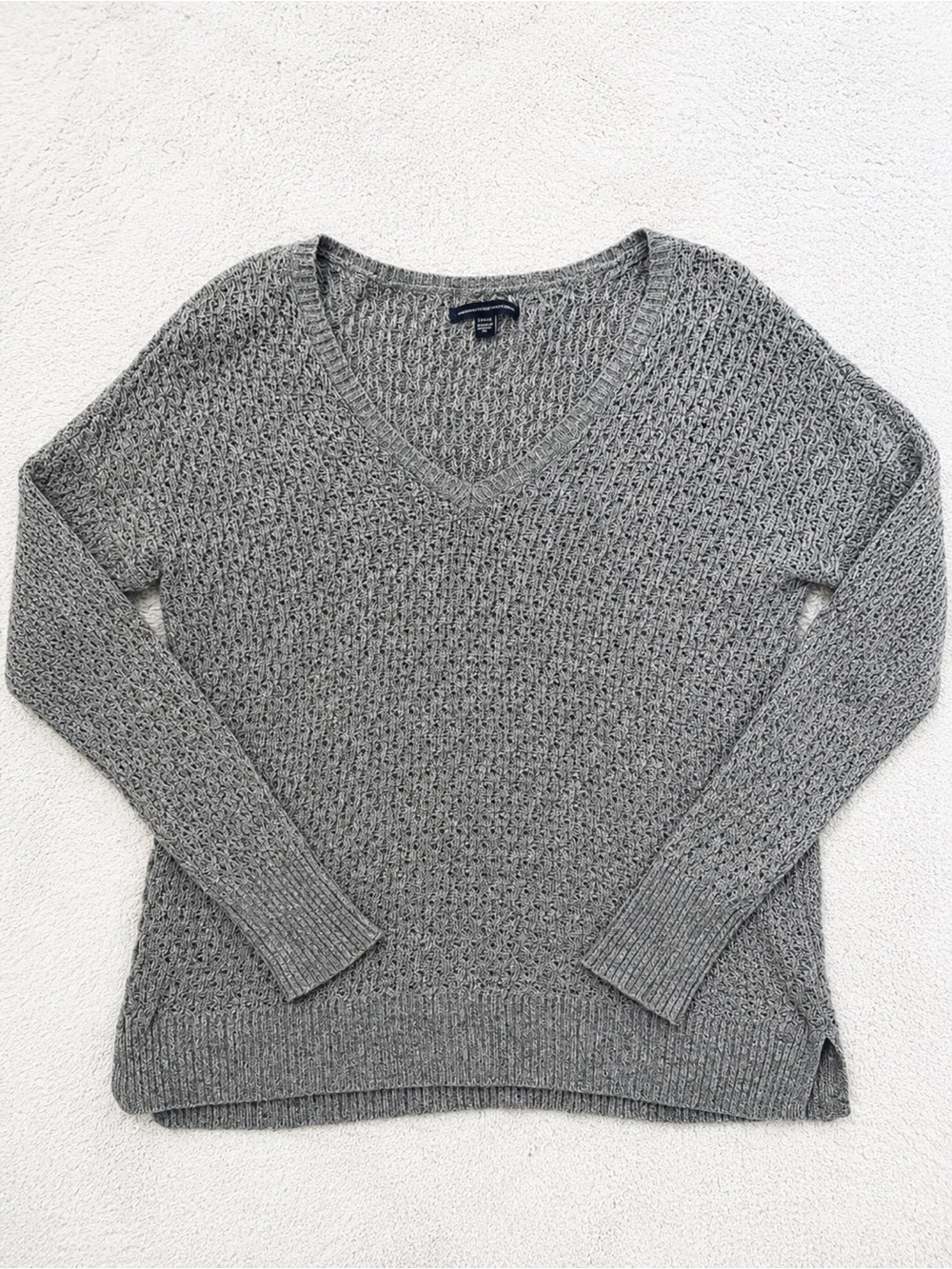 American Eagle Soft Textured V-Neck Pullover Sweater Gray S